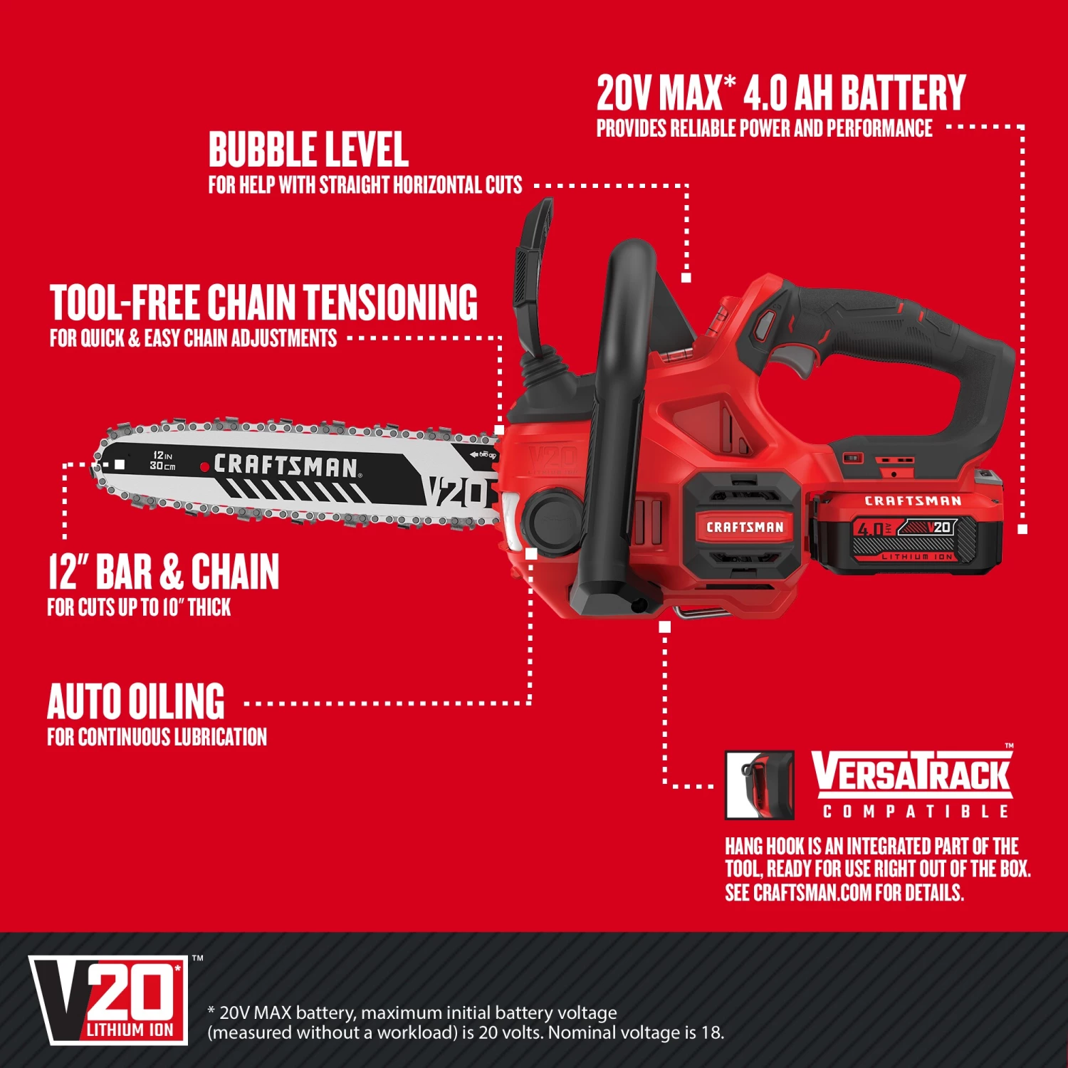 CRAFTSMAN Chainsaws & Pole Saws V20 20-volt Max 12-in Cordless Electric Chainsaw 4 Ah (Battery & Charger Included) 2 CRAFTSMAN Chainsaws & Pole Saws V20 20-volt Max 12-in Cordless Electric Chainsaw 4 Ah (Battery & Charger Included) - Image 2