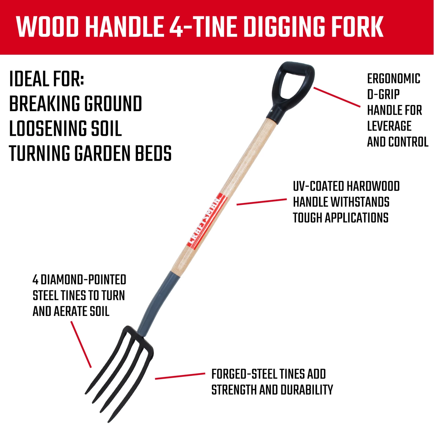 CRAFTSMAN Lawn & Garden Hand Tools 42-in L Wood-Handle Forged Spading Fork 5 CRAFTSMAN Lawn & Garden Hand Tools 42-in L Wood-Handle Forged Spading Fork - Image 5