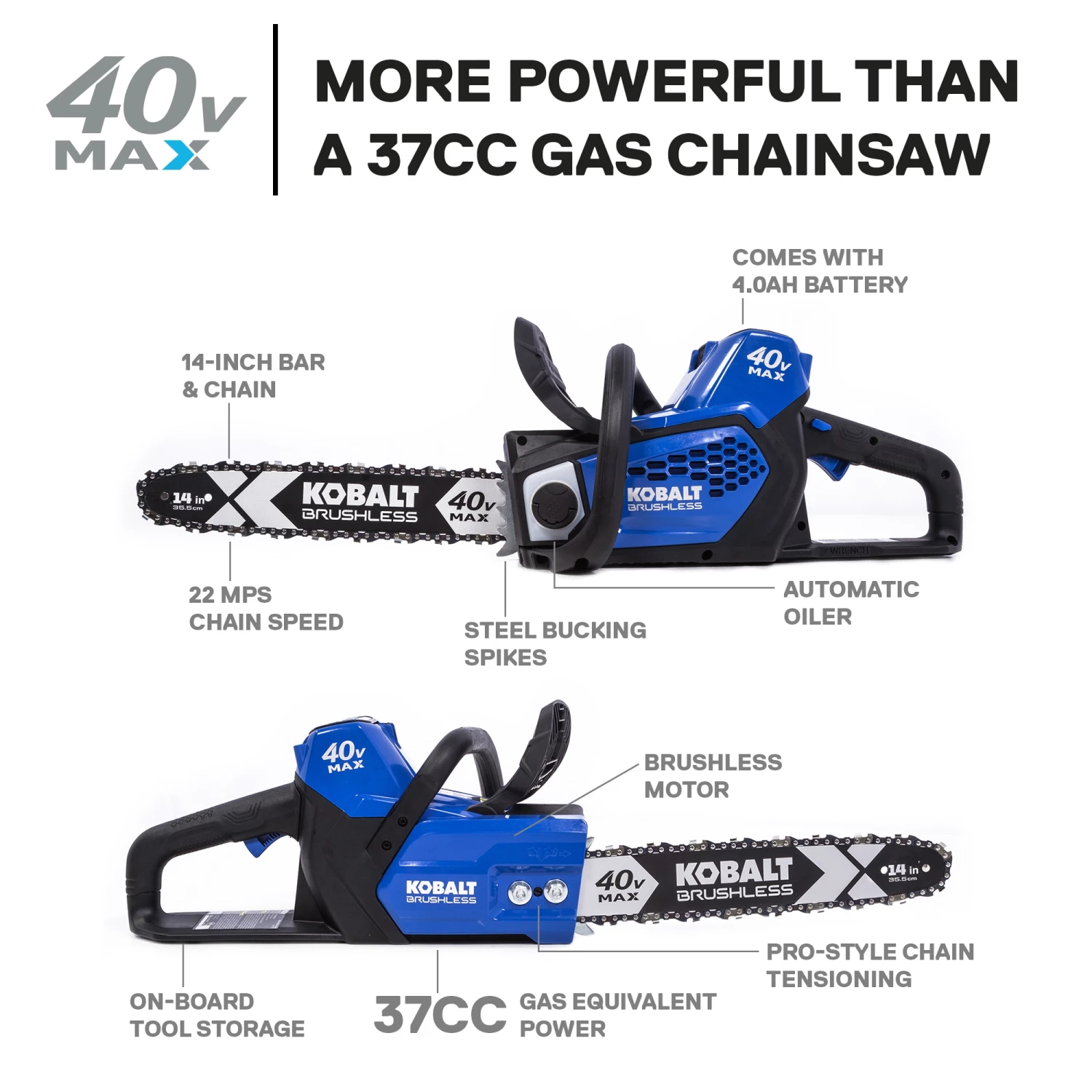 Kobalt Chainsaws & Pole Saws 40-Volt 14-in Brushless Cordless Electric Chainsaw 4 Ah (Battery & Charger Included) 2 Kobalt Chainsaws & Pole Saws 40-Volt 14-in Brushless Cordless Electric Chainsaw 4 Ah (Battery & Charger Included) - Image 2