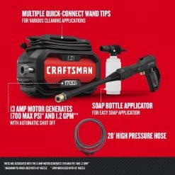 CRAFTSMAN Pressure Washers 1700-PSI 1.2-GPM Cold Water Electric Pressure Washer -Outdoor Tools & Equipment Fashion Store 16728317