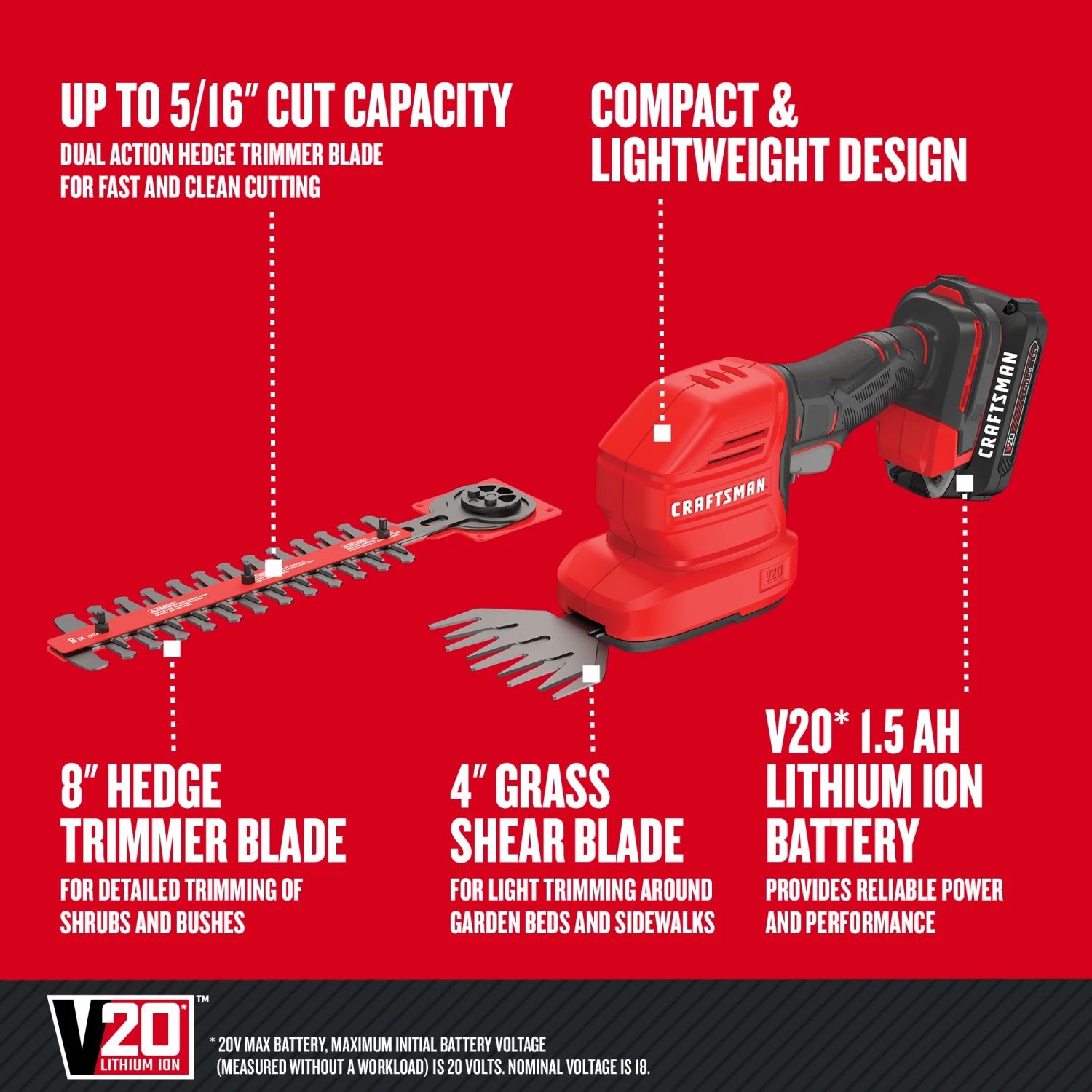 CRAFTSMAN Trimmers & Edgers 20-Volt Max 8-in Dual Cordless Electric Hedge Trimmer 1.5 Ah (Battery & Charger Included) 3 CRAFTSMAN Trimmers & Edgers 20-Volt Max 8-in Dual Cordless Electric Hedge Trimmer 1.5 Ah (Battery & Charger Included) - Image 3