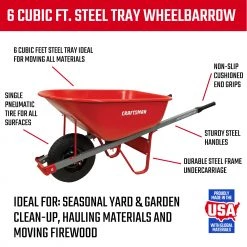 CRAFTSMAN Wheelbarrows & Yard Carts 6 Cubic Ft Steel Tray Wheelbarrow, Steel Handles -Outdoor Tools & Equipment Fashion Store 44011043